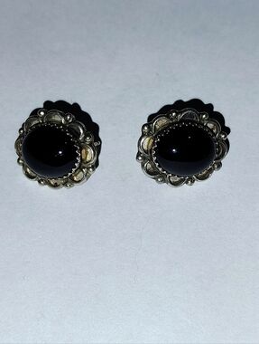 Black Onyx Sterling Silver Floral Stud Earrings